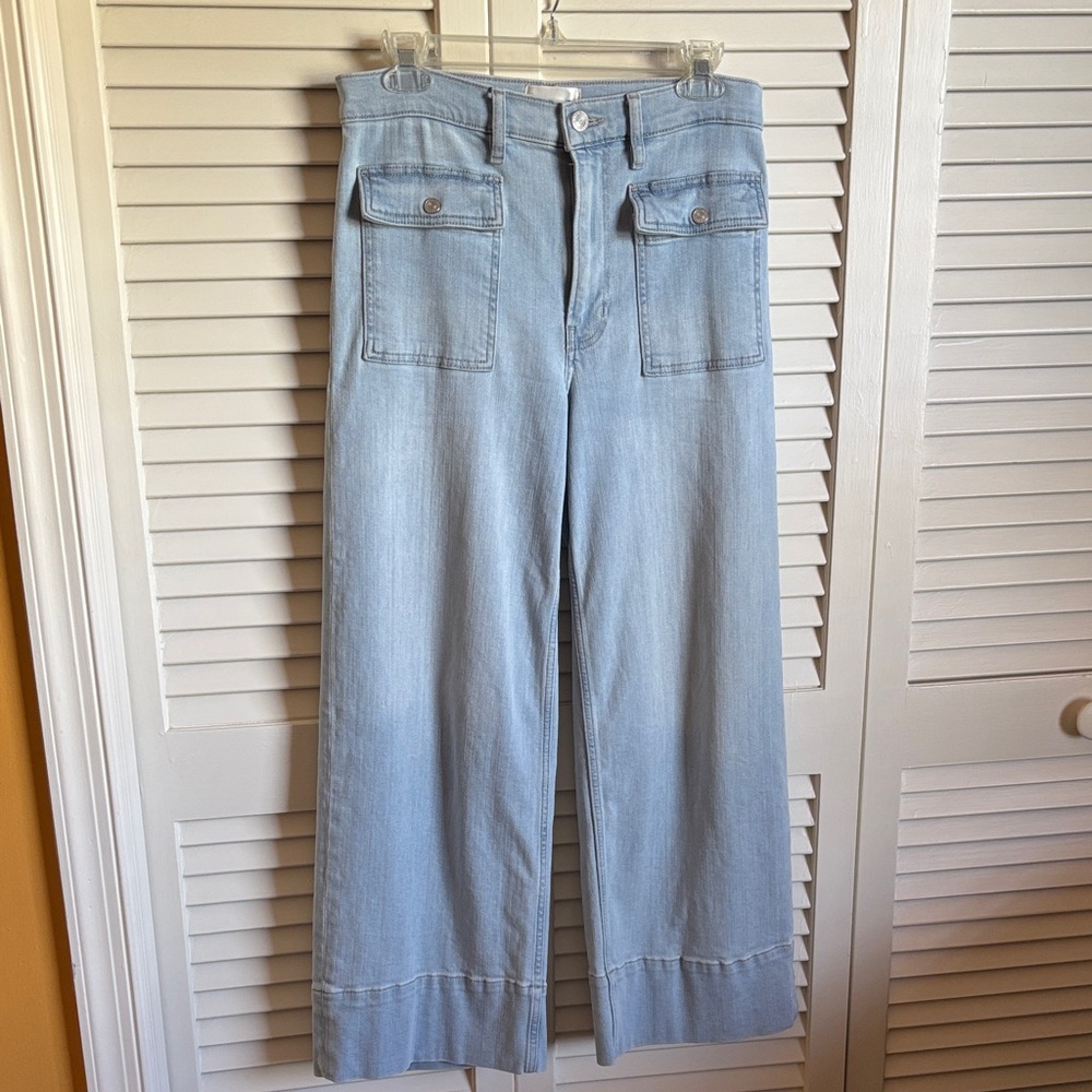 Frame Denim Light Blue Wide-Leg Jeans with Front Patch Pockets
